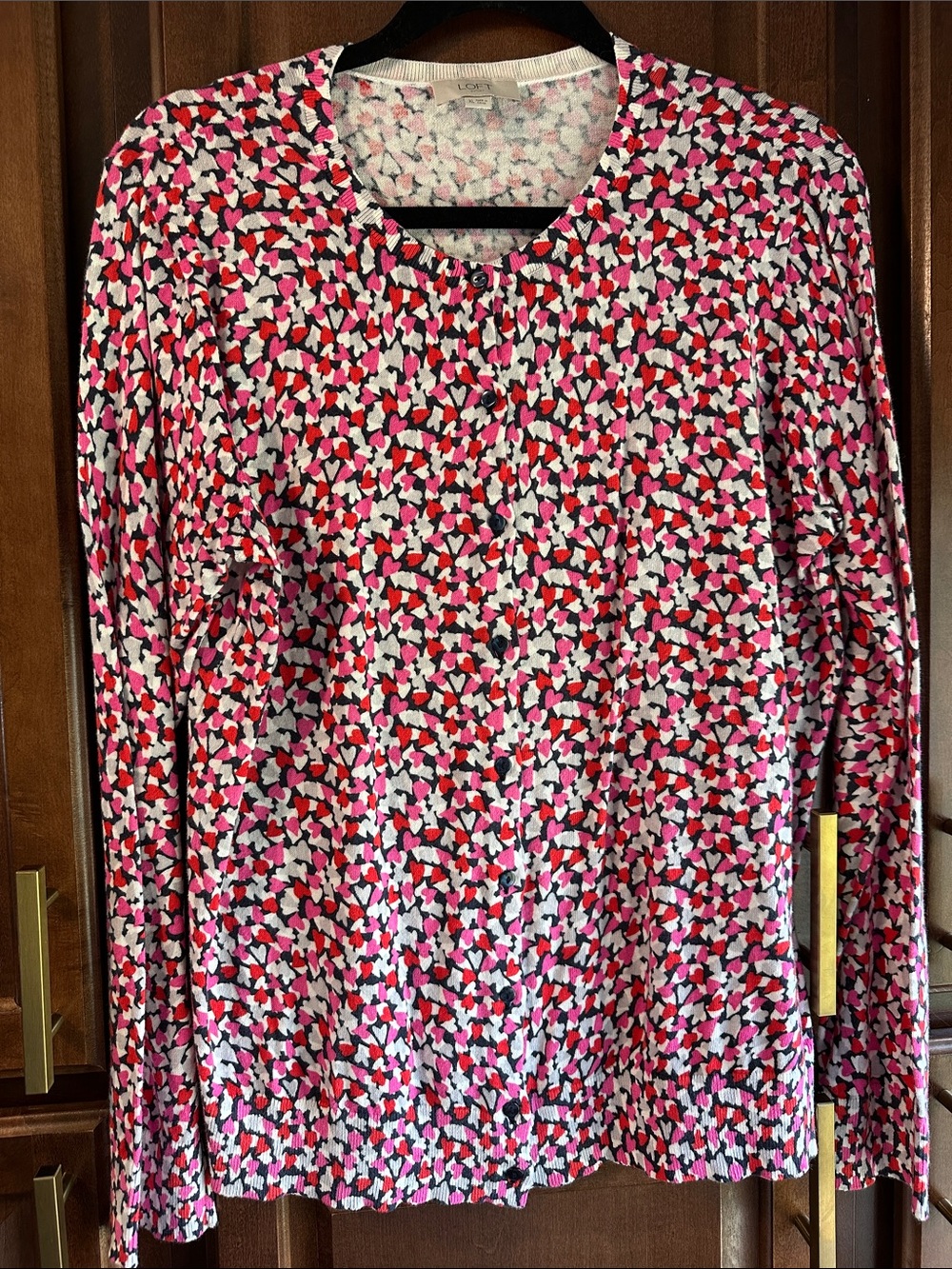 LOFT Pink Red Black Heart-Print Long Sleeve Cardigan